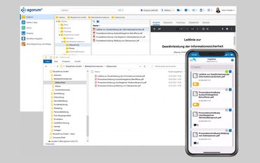 Das Bild zeigt die Benutzeroberfläche des Dokumentenmanagementsystems von agorum Software GmbH mit verschiedenen Dokumentenordnern und einer mobilen Ansicht, die den Zugriff auf Dokumente ermöglicht.