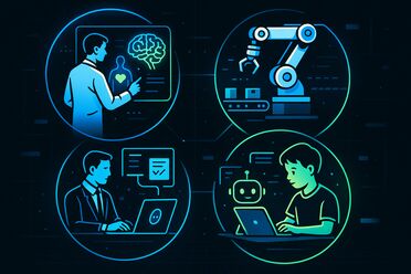 Verschiedene Berufsfelder vernetzt durch KI-Technologie