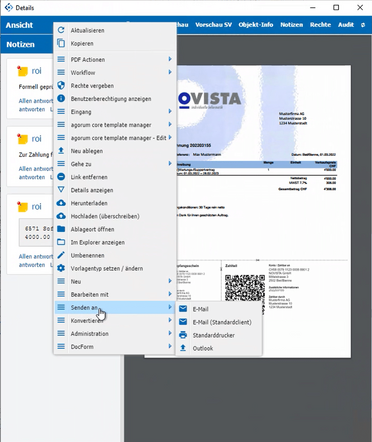 Ein Dokument aus dem Dokumentenmanagement-System zeigt eine Rechnung mit Kontextmenü-Optionen zum Senden per E-Mail oder Standarddrucker.