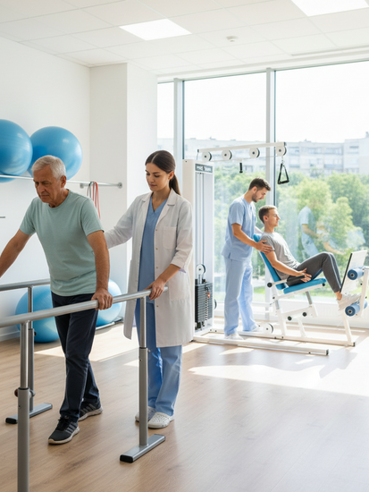 Modernes Reha- und Präventionssportzentrum mit Therapeuten und Patienten