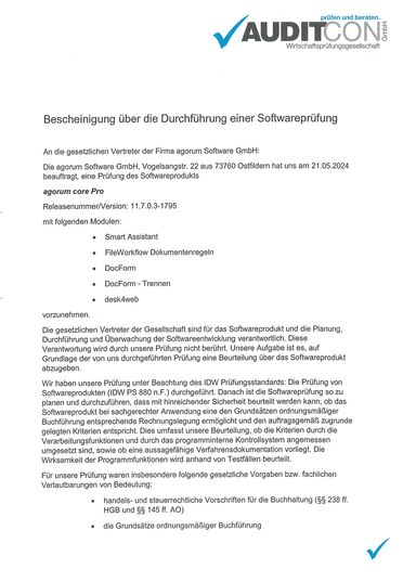 GoBD Prüfbescheinigung für agorum core pro für gesetzeskonforme Archivierung von Geschäftsdokumenten