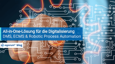 Eine Hand drückt auf ein digitales Netzwerk, symbolisiert die Integration von Dokumentenmanagement, ECMS und Robotic Process Automation.