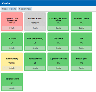 Dashboard zeigt Systemchecks für agorum core mit verschiedenen Statusanzeigen: agorum core benchmark kritisch, JVM Memory warnend, andere Checks in Ordnung.