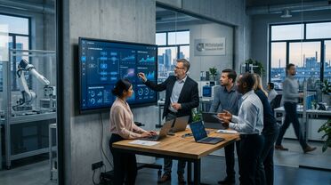 KI im Mittelstand – Team arbeitet mit KI-gestützten Dashboards und automatisierten Workflows