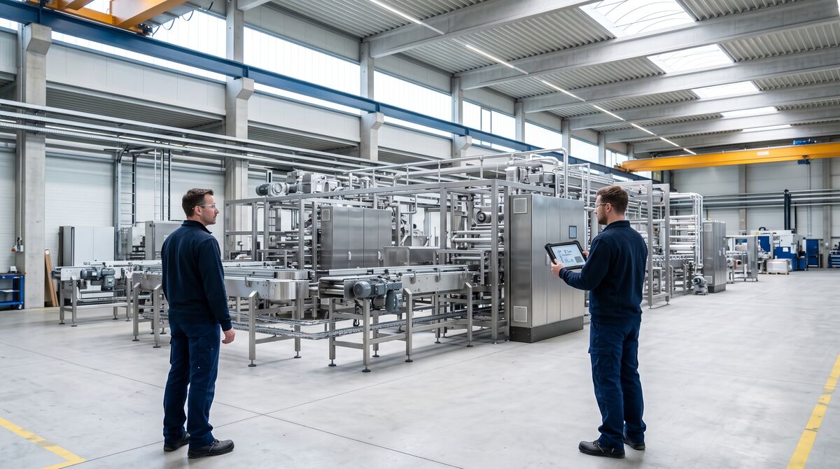 Zwei Ingenieure mit Tablet vor einer fertig montierten Industrieanlage