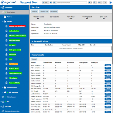 Das Support-Tool von agorum core zeigt verschiedene Checks wie agorum core benchmark, Authentication, Checking database driver, CPU benchmark, DB space, Disk space (core), File space, JMS, JVM Memory, Roihost check, SuperObjectCache, Thread pool und Tool 