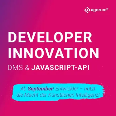 Ankündigung für ein KI & DMS Webinar für Entwickler ab September. Dokumentenmanagement mit JavaScript-API und Künstlicher Intelligenz.