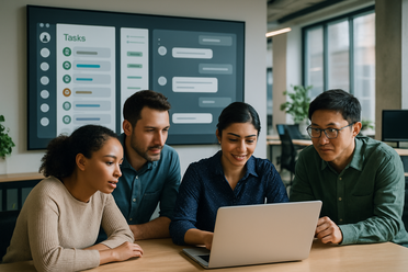 Offenes Großraumbüro, internationales Team arbeitet mit Task- und Chat-Dashboard im Hintergrund, moderne Atmosphäre, keine Logos