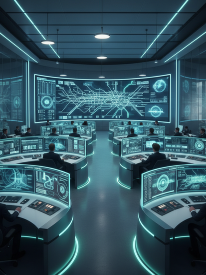 Modernes Bahntechnik-Leitstellenzentrum mit digitalen Anzeigen