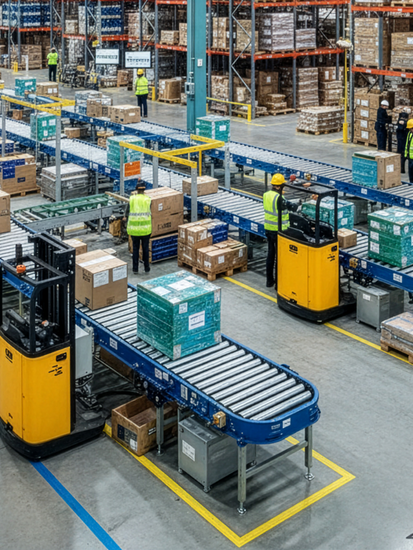 Modernes Distributionslogistikzentrum mit automatisierten Förderbändern