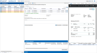 Screenshot zeigt den GODYO InvoiceWorkflow im Open Source DMS mit Rechnungsprüfung und -freigabe für verschiedene Abteilungen