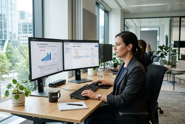Produktiver Arbeitsplatz mit KI-Assistent und Dokumentenmanagement auf zwei Bildschirmen