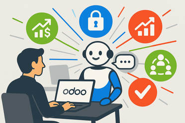Odoo-Arbeitsplatz, KI-Agent im Zentrum, Ziele: Profit, Sicherheit, Soforterfolg (blau-grün-rot stilisiert, dynamisch, motivierend)