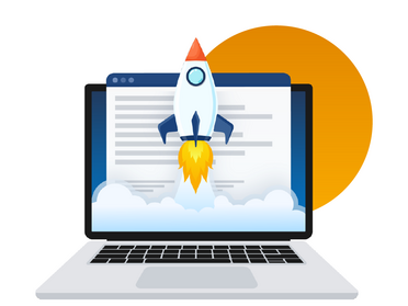 Eine Rakete startet aus einem Laptop-Bildschirm, symbolisiert das effiziente Digitalisieren von Geschäftsprozessen durch die Partnerschaft mit inSign GmbH.