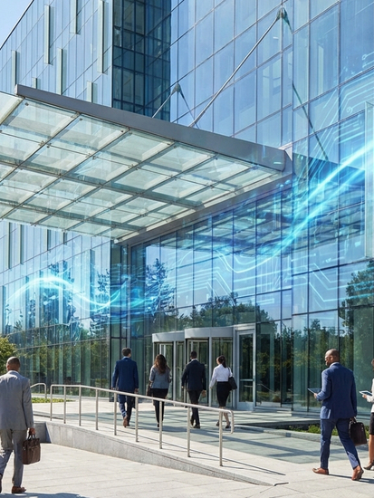 Modernes Justizgebäude mit digitaler Transformation