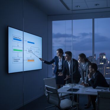 Business-Team bespricht Sandbox-Workflow im Meeting