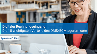 Ein Laptop zeigt Informationen über die Vorteile des digitalen Rechnungseingangs mit einem Dokumentenmanagement-System.