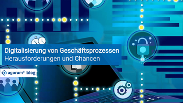 Grafik zeigt die Digitalisierung von Geschäftsprozessen mit Symbolen für Zeitmanagement, Sicherheit und Automatisierung.