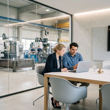 Zwei Personen am Laptop im Büro eines Maschinenbauunternehmens
