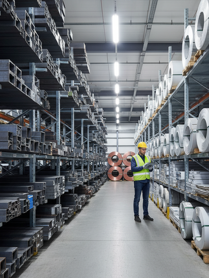 Modernes Metallgroßhandel-Lager mit digitaler Bestandsverwaltung