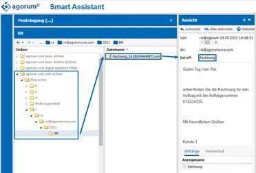 Dokumentenmanagement-System zeigt eine E-Mail mit Rechnung im Ordner 'Mail-Archiv' unter dem Jahr 2021, die aus Outlook importiert wurde.