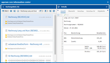 Das Dokumentenmanagement-System zeigt eine Volltextsuche nach der Rechnung von Lang und Kurz GmbH mit der Nummer RE24543.