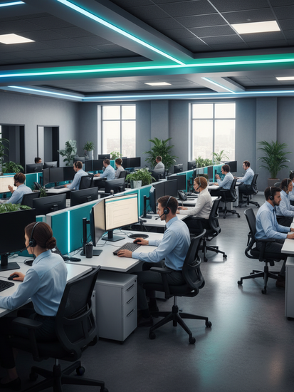 Modernes Callcenter mit Mitarbeitern