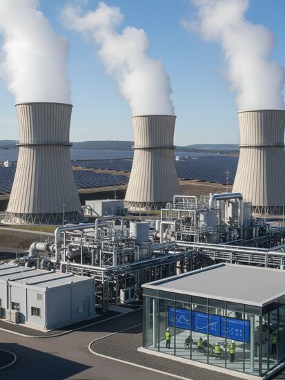 Moderne Geothermie-Anlage mit Dampf und Solarpanels