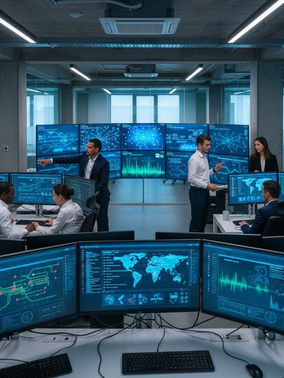 IT-Sicherheitsspezialisten im Security Operations Center der Verteidigungsindustrie