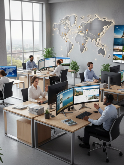 Reiseveranstalter Büro mit digitalen Arbeitsplätzen