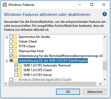 Fenster 'Windows-Features aktivieren oder deaktivieren' zeigt die Aktivierung der SMB 1.0/CIFS-Dateifreigabe für Windows 10.