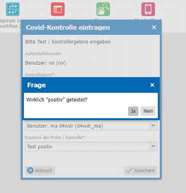 Das Covid-Status-Check Plugin zeigt eine Sicherheitsabfrage, ob der Test wirklich positiv ist, mit Auswahlmöglichkeiten Ja oder Nein.