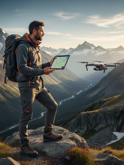 Outdoor-Instruktor mit Tablet in alpiner Landschaft