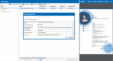 Screenshot zeigt die DSGVO-Verschlagwortung im Dokumentenmanagement-System für die Personalakte von Fritz Schmitt mit Details zu Dokumententyp, Daten, Verarbeitungszweck und Löschfrist.