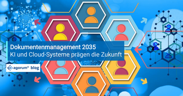 Grafik zeigt die Zukunft des Dokumentenmanagements im Jahr 2035 mit KI und Cloud-Systemen für Geschäftsprozesse.