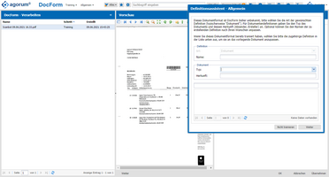 Bildschirmfoto zeigt das Dokumentenmanagement-System agorum core mit Scanbot. Ein gescanntes Dokument wird im DocForm-Modul für das Training geöffnet.