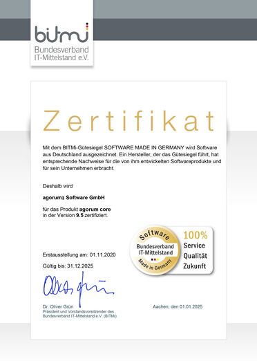 Zertifikat von BITMi für agorum core Made in Germany