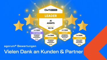 agorum® OMR Reviews Badges Q2/2026: Leader AI Agents, Enterprise Content Management, Enterprise Information Archiving, Intelligent Document Processing und Top 100 Tool DACH