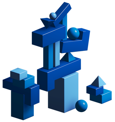 Eine abstrakte Darstellung aus geometrischen Formen wie Würfeln, Kugeln und Pyramiden symbolisiert die Digitalisierung und digitale Transformation.