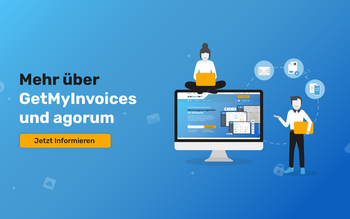 Illustration zeigt eine Person, die auf einem großen Monitor arbeitet, der das Rechnungsmanagement von GetMyInvoices und agorum anzeigt. Eine weitere Person präsentiert Dokumente. Symbole für E-Mail, Dokumentenarchivierung und Sicherheit sind im Hintergru