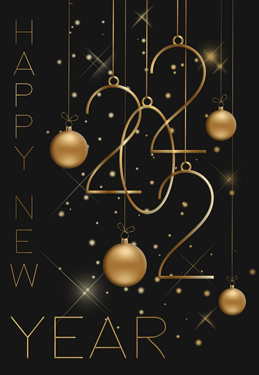 Goldene Dekoration mit der Jahreszahl 2022 und dem Text 'Happy New Year' auf schwarzem Hintergrund.