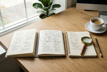 Drei Notizbücher mit Strichlisten, Lupe und Stift auf hellem Schreibtisch – Sinnbild für die drei Inventur-Methoden Zeitinventur, Kontextlückenanalyse und Routinemapping