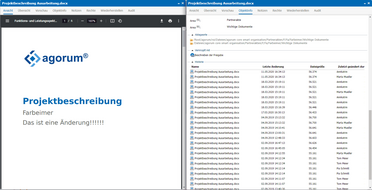 Das Bild zeigt eine Projektbeschreibung für ein Dokumentenmanagement-Projekt mit dem Titel 'Projektbeschreibung Farbeimer' und dem Text 'Das ist eine Änderung!!!!!' auf der linken Seite. Auf der rechten Seite ist die Historisierung der Datei im Open Sourc