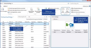 Microsoft Dynamics NAV-Benutzeroberfläche zeigt die Auswahl eines NAV-Objekts und die Option zum Ablegen von Dokumenten per Drag & Drop im agorum Dokumentenmanagement-System.