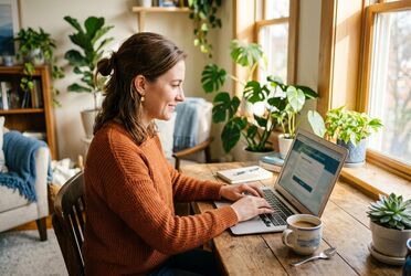 Person meldet sich entspannt am Laptop für das kostenfreie agorum® Campus Webinar an