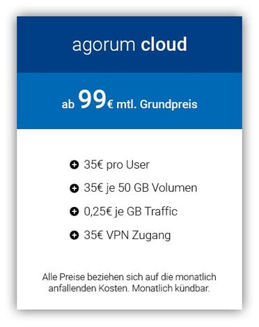 Preistabelle der agorum cloud zeigt Grundpreis von 99€ pro Monat, 35€ pro User, 35€ pro 50 GB Volumen, 0,25€ pro GB Traffic und 35€ für VPN Zugang.