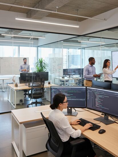 Moderne IT-Entwicklungsabteilung mit diversen Entwicklern bei der Zusammenarbeit