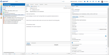 Das Dokumentenmanagement-System agorum core zeigt eine E-Mail mit einer Mitgliedsbestätigung der Krankenkasse, die im System gespeichert ist.