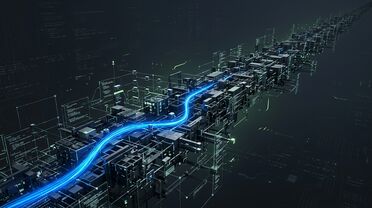 Abstrakte 3D-Visualisierung langer, komplexer Code-Architektur – Symbol für die Langhorizont-Coding-Stärken von Fable 5