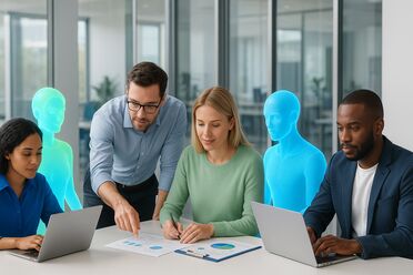 Team aus Menschen und KI-Assistenten bei der kollaborativen Arbeit